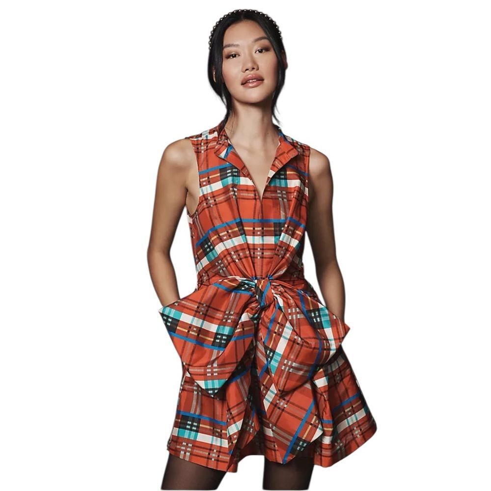 Anthropologie Porridge Plaid Bow Mini Dress Red Sleeveless Size Small NWT